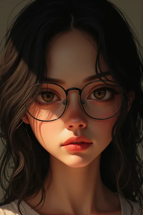 Young woman with dark skin, damaged hair, long and black. semi thin lips, Dark brown almond-shaped eyes, a small mole on the cheek, small, slightly round nose and small, semi-round glasses 