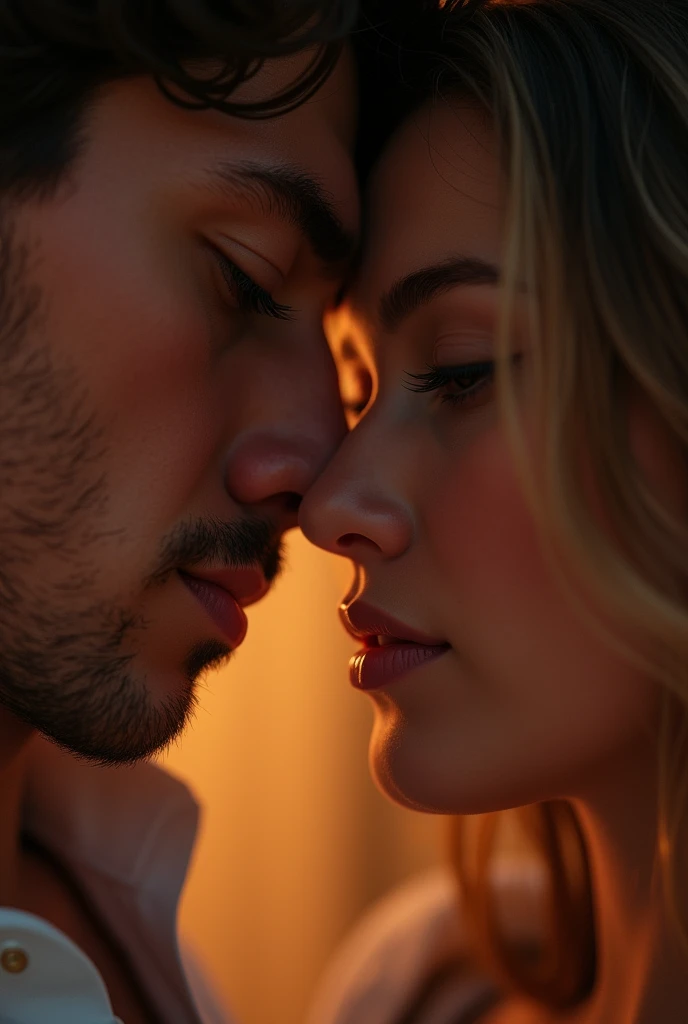 A couple embracing, beautiful detailed eyes, beautiful detailed lips, extremely detailed eyes and face, long eyelashes, intimate, romantic, warm lighting, glowing skin, soft focus, cinematic, digital painting, highly detailed, photorealistic, vibrant color...