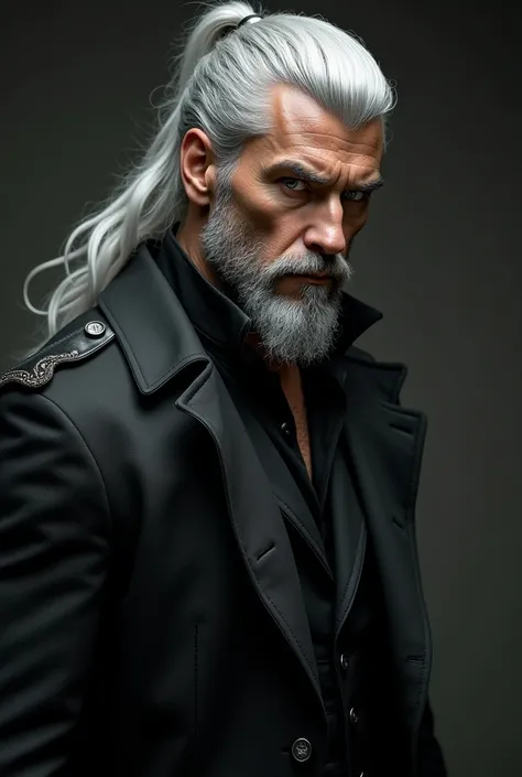 A tall sexy man with long, silver-white hair  that is being held back by a leather band that accentuated the strong boning in his face. Silver stubble dusted the bottom half of his face, adding an air of aloofness to him. He had a strong, chiseled jaw with...