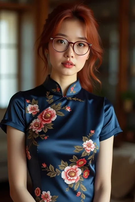 beautiful asian woman  , red hair with brown roots, looking directly at the camera, very realistic,  at home,floral  navy blue silk  cheongsam, clothes tight against body, clothes too tight, film grain, fit muscular body, clothes too tight, ,  seductive, s...