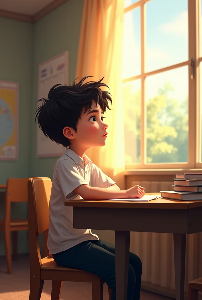 make a picture of a white boy, with wavy black hair , Sitting in a classroom. He is sitting near a large window looking outside., through which sunlight enters, creating a soft glow on your face. The boy stares out of the window, with a calm look The refle...