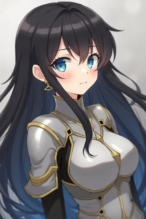 1girl, armor, black_hair, blurry, blurry_background, blurry_foreground, breasts, blue_eyes, closed_mouth, depth_of_field, earrings, jewelry, long_hair, looking_at_viewer, smile, solo, upper_body