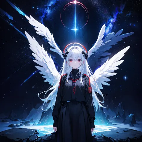 One woman.Archangel((Angel Halo,Black 制服,Black)) Long Hair,White Shining Eyes,Red Crystal,blue,Like the Deep Sea Background(Milky Way,Many Stars,grow,Super Fantasy) Anime Style