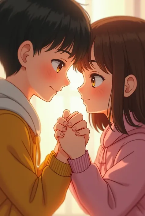 Close up shot of A girl and a boy holding each others hand only full length of hand are visible the boy is wearing a yellow jacket and girl is wearing pink
