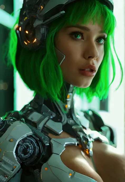 Cyborg enormous breast and ass. Green    hair,realistic 