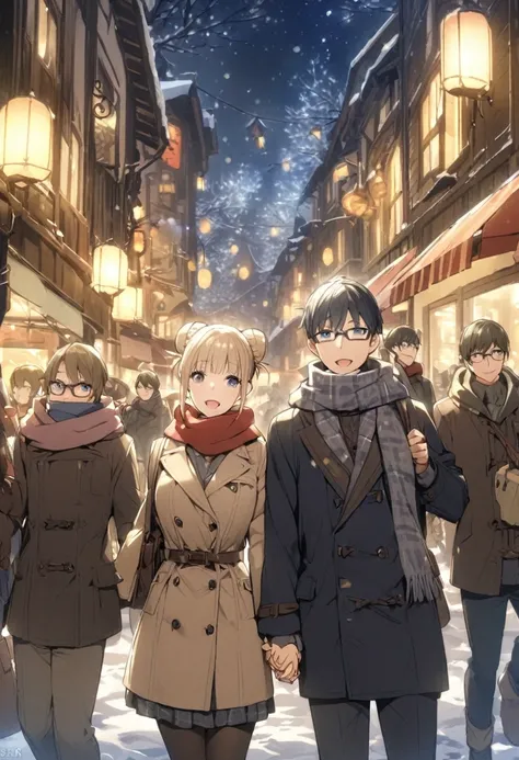 winter、On ice、night、star、Two people holding hands、Woman with bun hair、Men with glasses、Scarf、Fantasy、