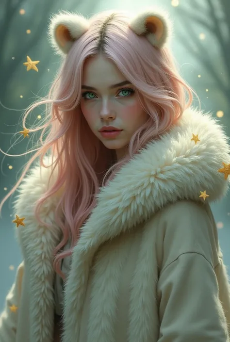 Woman with pastel pink hair, green eyes with a bear skin
