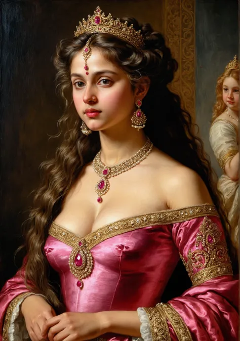 Best quality, highly detailed, masterpiece, Indian nude princess, Rajkanya, royal clothes, Masterpiece, extremely gorgeous woman, matchless Beauty, portrait, Peter Paul Rubens style, Woman, middle ages, classicism, andrey atroshenko style, painting, long h...