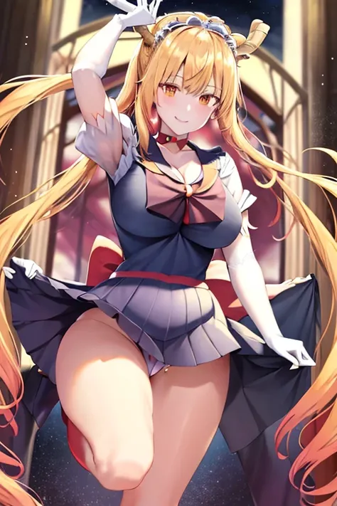 masterpiece, high definition, best quality, rendered art, well formed hands, fingers and body, 1 woman, solo, Tohru , 31 years old, adult, grown up, wearing Sailor Moons outfit, big breasted, cleavage, full body, sexy sailor senshi uniform, short blue skir...