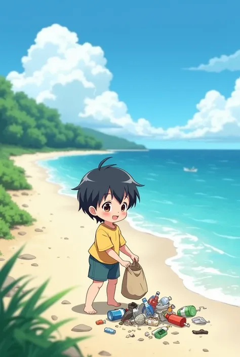 anime,cute,child,Picking up rubbish,Ocean