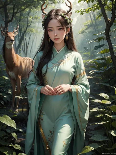 A mystical painting of a 鹿女 with elegant antlers and graceful limbs, adorned with spots and deer-like features, standing in a sunlit forest glade. The background features tall trees and soft, dappled sunlight filtering through the leaves, creating a serene...