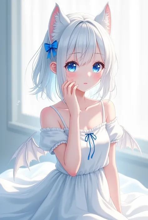 anime girl white hair, blue eye, white top and white skirt, shorth hair, detail of small white bat wing with small blue bow on head 