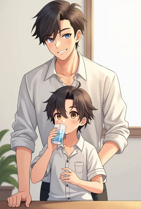 A small two-block haired man in a white shirt with brown eyes is sucking on a glass of water and leaning on the shoulder of a taller two-block haired man with blue eyes in a white shirt, smiling and looking forward.

