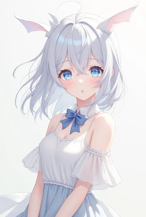 anime girl white hair, blue eye, white top and white skirt, shorth hair, detail of small white bat wing on head with small blue bow on head 