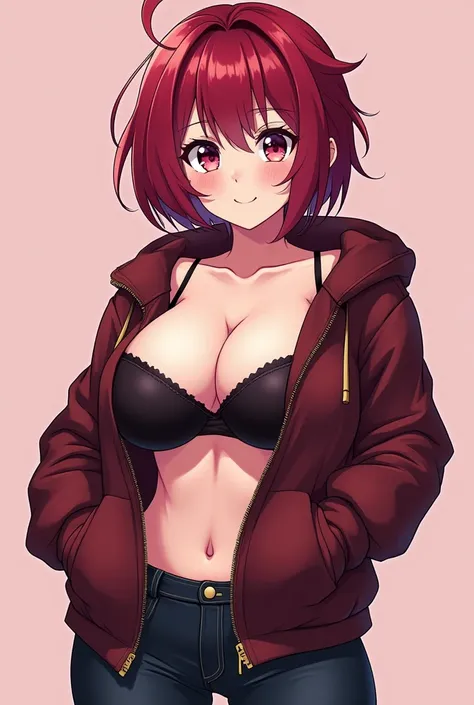 Jthan67, Medium sized girl with big boobs and butt, Jacket with hole to show cleavage, short and disheveled reddish wine hair, Ahoge, sexy pose and league out, vtuber and anime, cute,