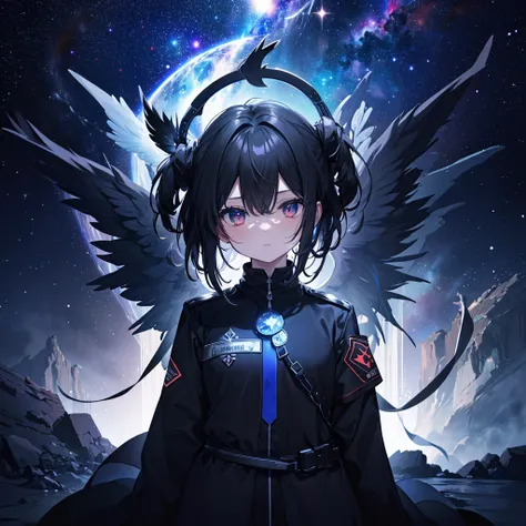 One woman.Archangel((Angel Halo,Black,Like a black hole Uniform,Black)) Long Hair,White Shining Eyes,Red I have,Round crystal,blue,Like the deep sea,Close-up Background(Milky Way,Many Stars,grow,Super Fantasy) Anime Style