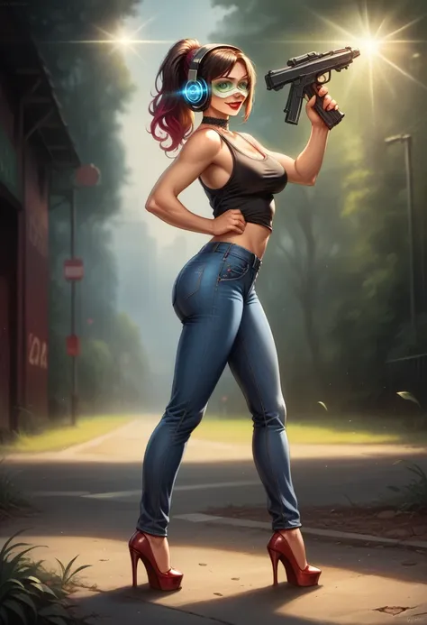 ((shooting gun)),((target practice, shooting range:1.4)).(sultry eyes, flirty smile:1.2).(ultra realistic illustration:1.3).Sexy 23yo French woman, dyed red hair, green eyes. fit, natural perky breasts, perfect round ass, (suntan). (bangs, long hair:0.8), ...