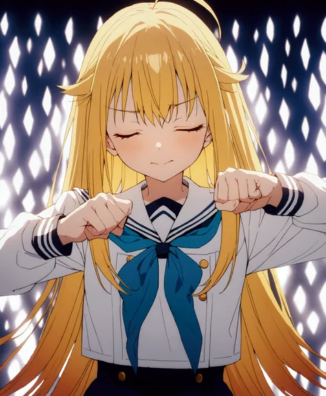 anime girl with long blonde hair and blue tie pointing at camera