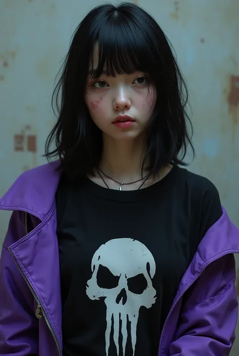 young white woman,cabelo channel liso,scar on the left side of the face,black t-shirt with skull symbol,purple denim jacket 