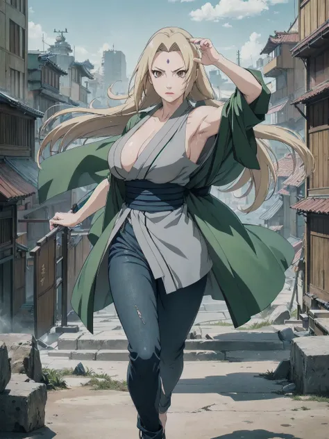 (masterpiece, highest quality:1.2), alone, One Girl, Tsunade Defense, Forehead mark, View your audience、((Battle Scenes、Fighting Pose、Sweat、Rocky area、wood、Clear sky、Ruined City、Spectators、Navy blue pants、Green haori、No sleeve、Torn clothes、Large areola、che...