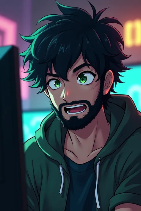 handsome boy with short frizzy black hair, full beard, green eyes, nerd, gamer, in front a computer, anime style