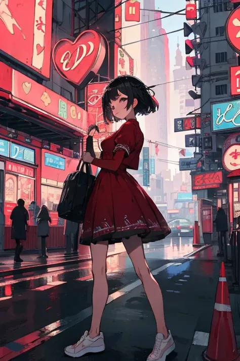 Better Quality, 4K Wallpaper, first work, Highly detailed CG uniform wallpaper 8k, Highly detailed eyes, Ultra-detailed, Intricate details, One girl, Retro art style, Neon Art Style_pop, public, Outdoor, road signs, city,Establishment of prostitutes behind...