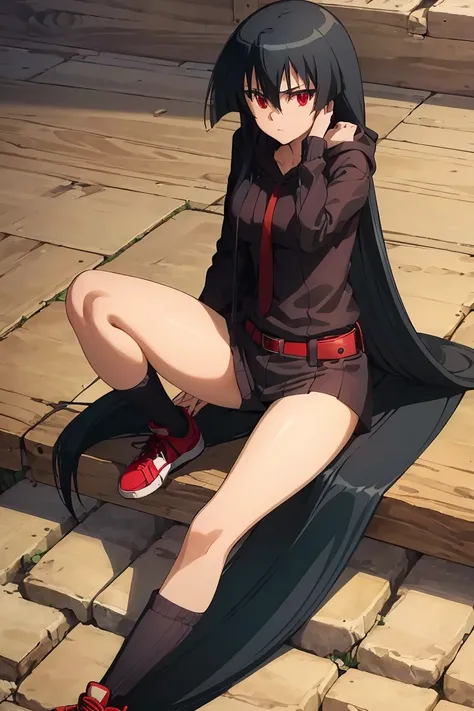 Master piece, best quality,(((1girl,solo))),full_body,akame,red_eyes,black_hair,(((very_long_hair))), yellow_hoodie, short _shorts, loose_socks, sneakers,looking_at_me,backgroud_road