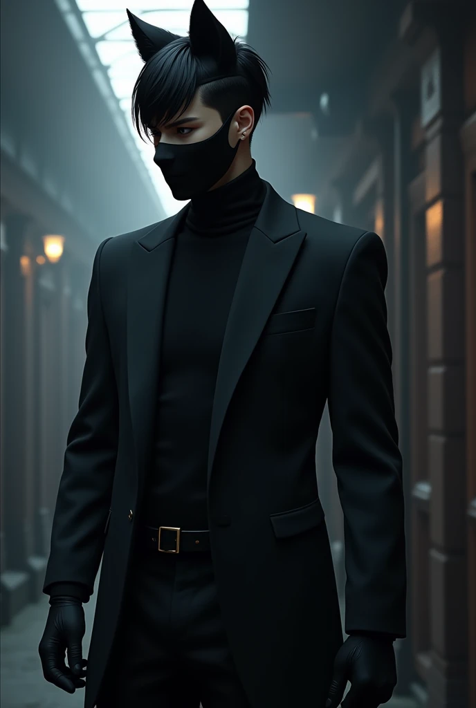 Mask character with wolf cut black hair wear suit and black glove
