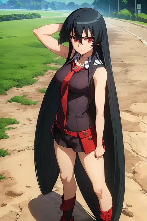 Master piece, best quality,(((1girl,solo))),full_body,akame,red_eyes,black_hair,(((very_long_hair))), yellow_hoodie, short _shorts, loose_socks, sneakers,looking_at_me,backgroud_road