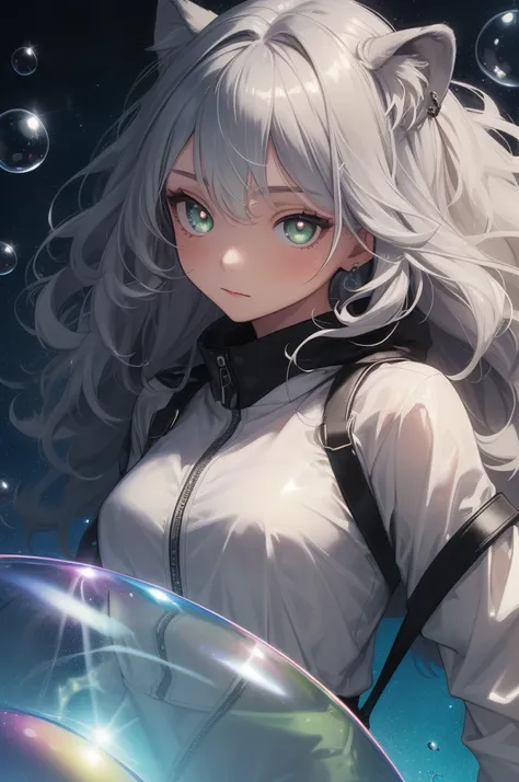 (Highest quality,masterpiece,Esoteric,Super Resolution),Bubble Tech,sf,transparent,Iridescent,See through,inflation,One girl,,Gray Hair,Wavy Hair,Open forehead,Green Eyes,pupils are narrow,Lion&#39;s Ears,white Lion&#39;s Ears,Lion&#39;s Tail,Tropical Gard...