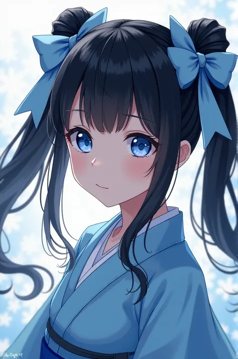 Girl With a demon hunter uniform Appearance Black hair tied in two buns with light blue bows and big blue eyes with a light blue haori
