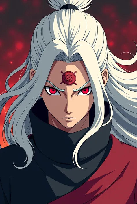 A character from Naruto, LONG white hair, Eyes red, byakugou on the forehead, 2d, Naruto anime line 