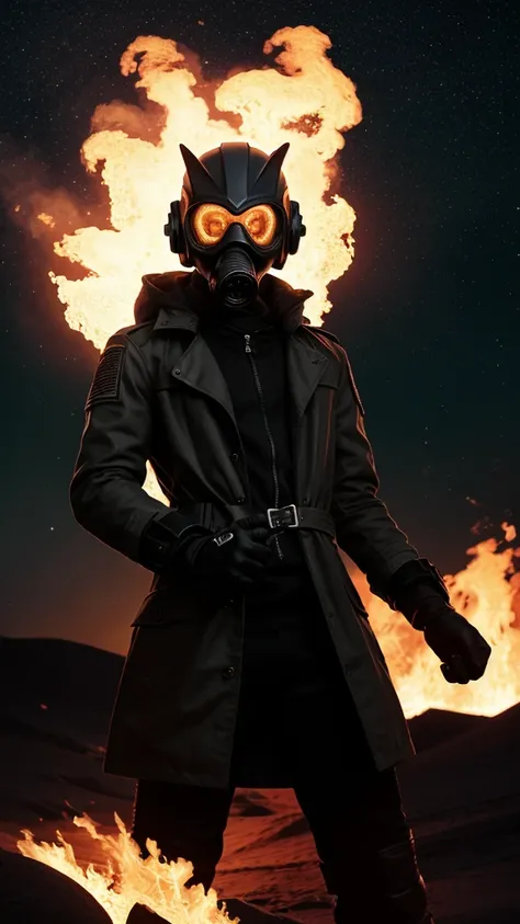 (score_9, score_8_up:1.1), score_7_up, realistic photograph, realistic, 1boy, reclining male solo, BREAK d3sertranger, tactical helmet, gas mask, green lenses, silver gloves, black trench coat, rage, holding a fireball in her hand, fire clothes, outdoors, ...