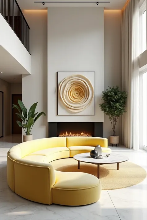 Professional 3d architecture rendering design of modern and minimal so light big curve white lemon  velvet sofa and white marble slab stone and white  white marble flouting fireplace and spiral painting wall and modern  and elegant accessories and sculptur...