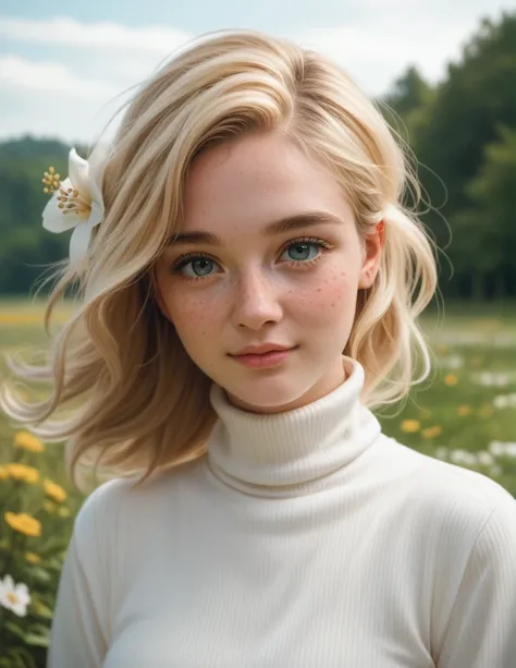 score_9, score_8_up, score_7_up, woman, blonde wild tossled hair, (freckles:1.2) , loving, caring, gentle, delicate, adorable , hair flower, white turtleneck , looking at viewer , outdoors, nature, wind