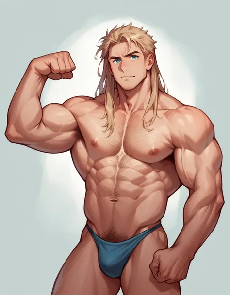 A very muscular, blond, very hairy, blue-eyed, attractive, shirtless, long, loose haired man who is flexing his biceps and is really attractive and is only in a thong