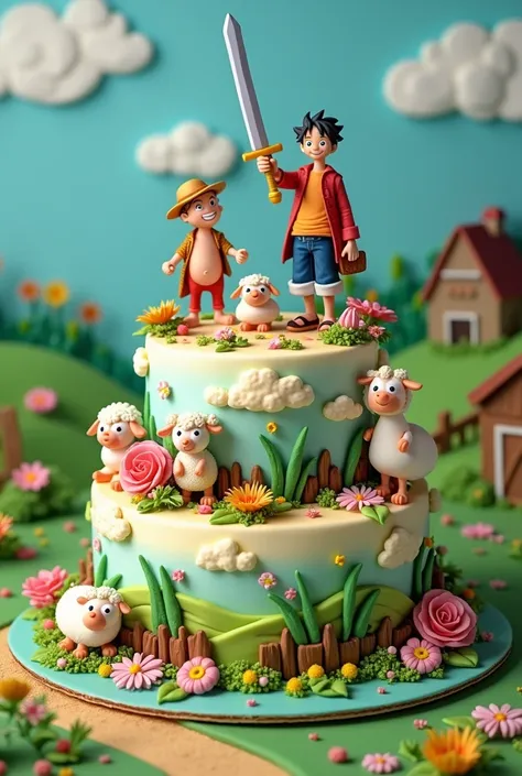 Make me a cake where the main characters are from Zenon&#39;s farm and Zoro from One Peace 