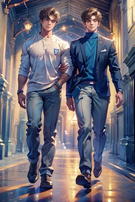 close-up look, half-body image, two handsome young male walk together, wearing university uniform, smiling, soft light, hi-quari...