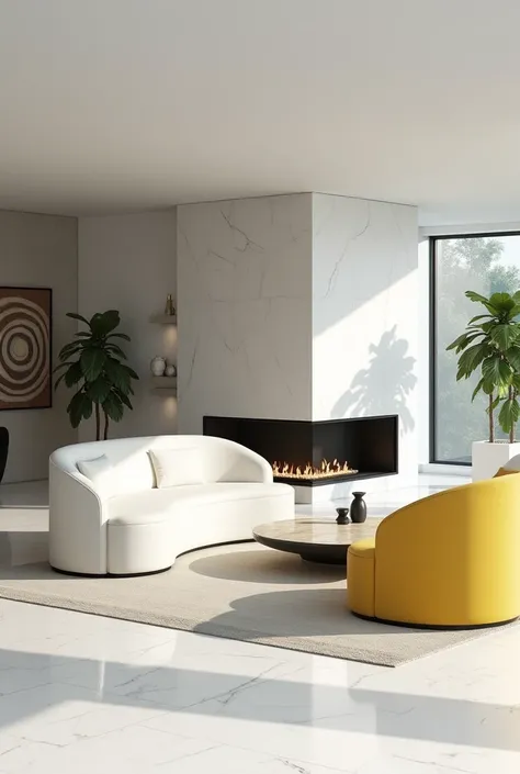 Professional 3d architecture rendering design of modern and minimal so light big curve white  velvet sofa and  one velvet lemon small sofa white marble slab stone and white  white marble flouting fireplace and spiral painting wall and modern  and elegant a...