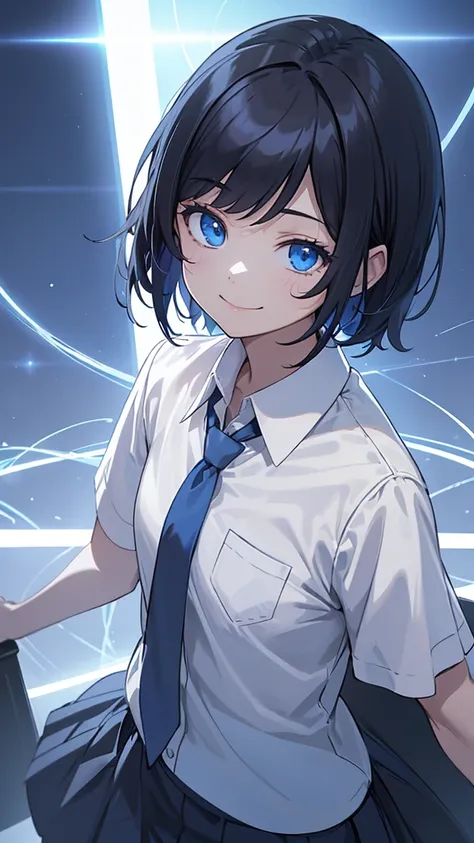 1girl, Short hair, small size, black hair color, Blue eyes, She wears school clothes, a white shirt, Short blue skirt, and a blue tie, smile, light smile, anime, cinematic lighting, first-person view, UHD, 4K,The eye gate is clear,White background