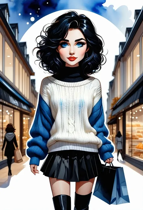 Chibi style, Masterpiece, best quality, solo representation of a woman with wavy black hair and blue eyes, looking directly at the viewer. She is wearing a white sweater paired with a black skirt and long black boots. The scene is depicted as a watercolor ...