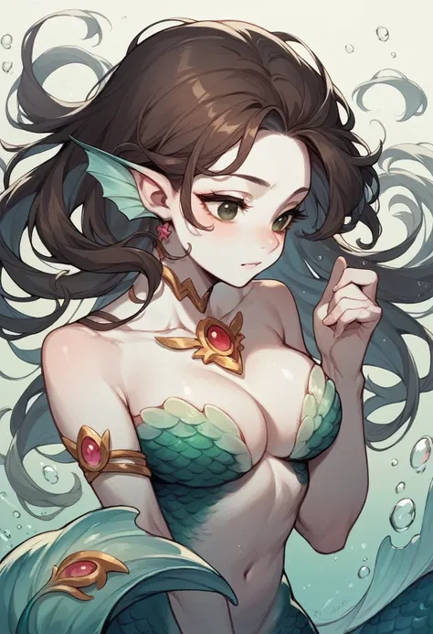 White skin, dark brown eyes and hair, mermaid doing a make up under water