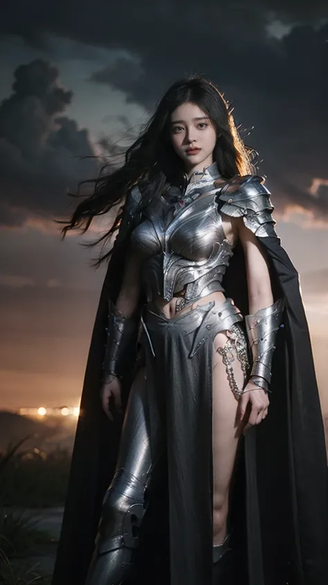 masterpiece, best quality, ultra-realistic, female warrior, intricate silver armor with red and gold accents, flowing cape, holding a glowing sword, fierce expression, long braided hair, standing on a battlefield with dark clouds and lightning in the backg...