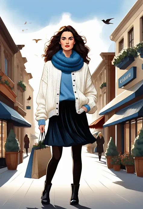 flat style, Masterpiece, best quality, solo representation of a woman with wavy black hair and blue eyes, looking directly at the viewer. She is wearing a white sweater paired with a black skirt and long black boots. The scene is depicted as a watercolor i...