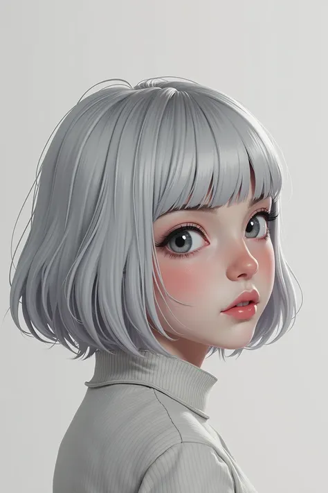 (RAW photo, best quality, masterpiece: 1.2), (photorealistic: 1.4), best lighting, 20 years old, (detail face, detail eyes, light gray eyes, light gray hair, short straight bob cut, Symmetrical eyes, huge breasts :1.3)