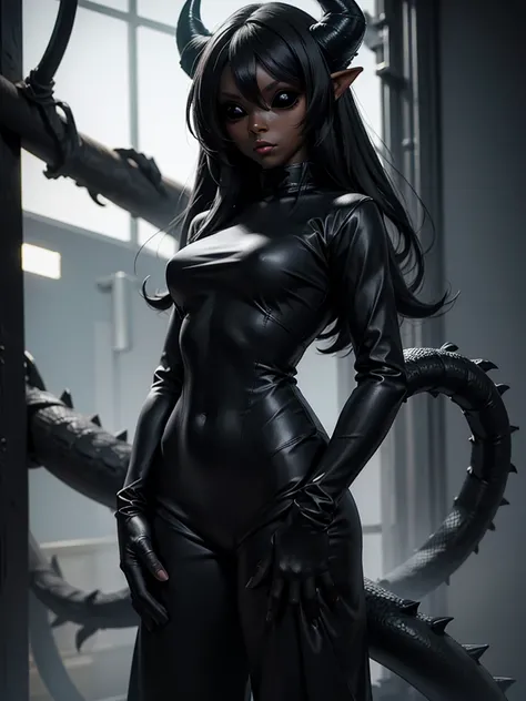 Black-skinned shapeshifter woman, with thin horns, completely black eyes, wearing an oversized long-sleeved shirt and large, comfortable pants, with a black lizard tail.