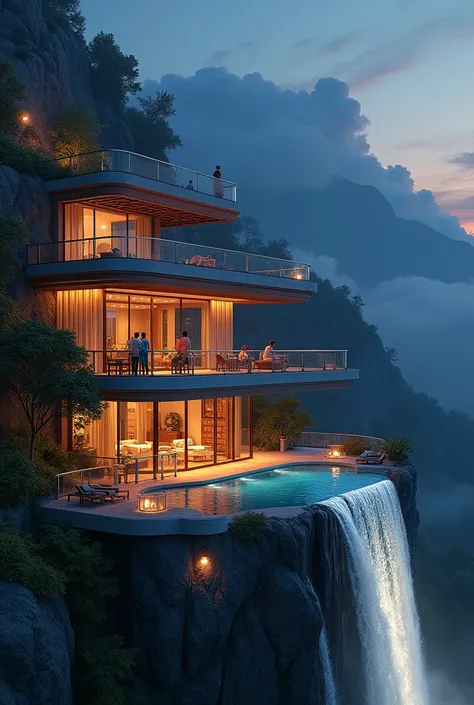 the luxury hotel on the hill, family on the roof top lighted up, beautiful night view from the hotel, illumination, an open lobby, photo realistic, reflected on the surface of the water, lighted Waterfall up,  