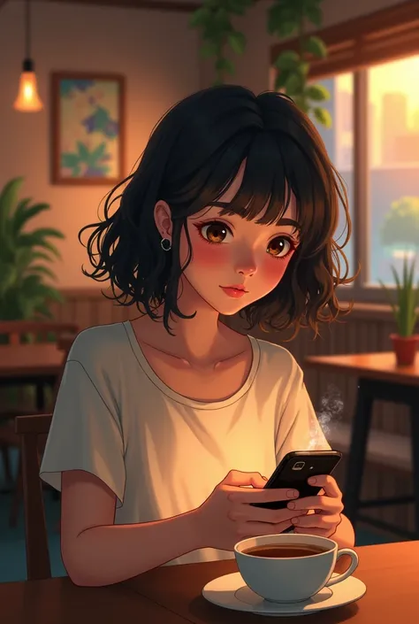 Girl sitting in a cafe and got a notification on her phone