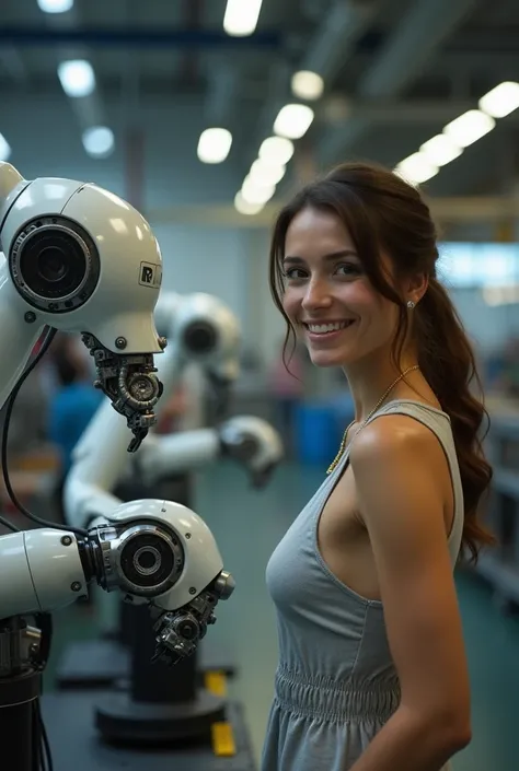 Sexy Industrial Robotic arm . The woman smiles gratefully. They are working in a robotic factory. at camera. she is in front