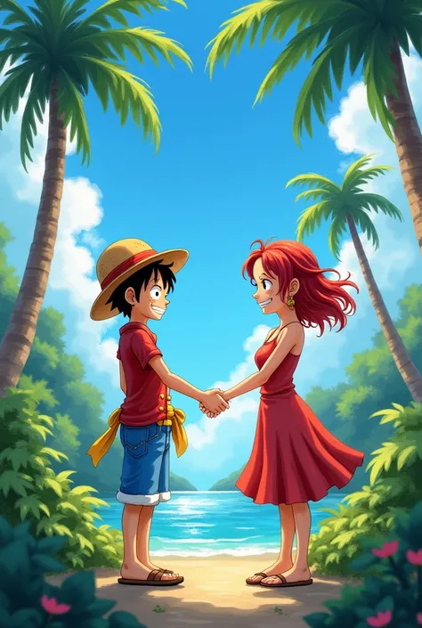 Monkey D. Luffy is holding hands with a red-haired girl